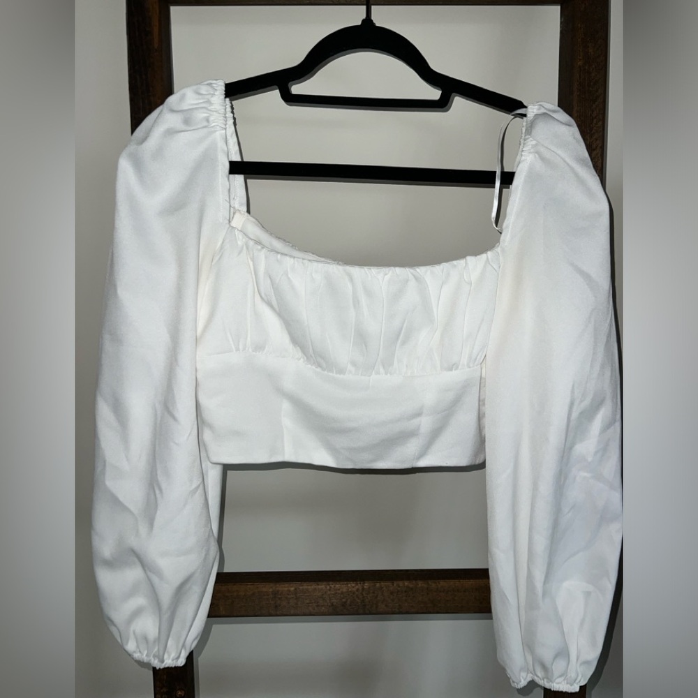 Princess Polly White Cropped Top with Long Puffed Sleeves